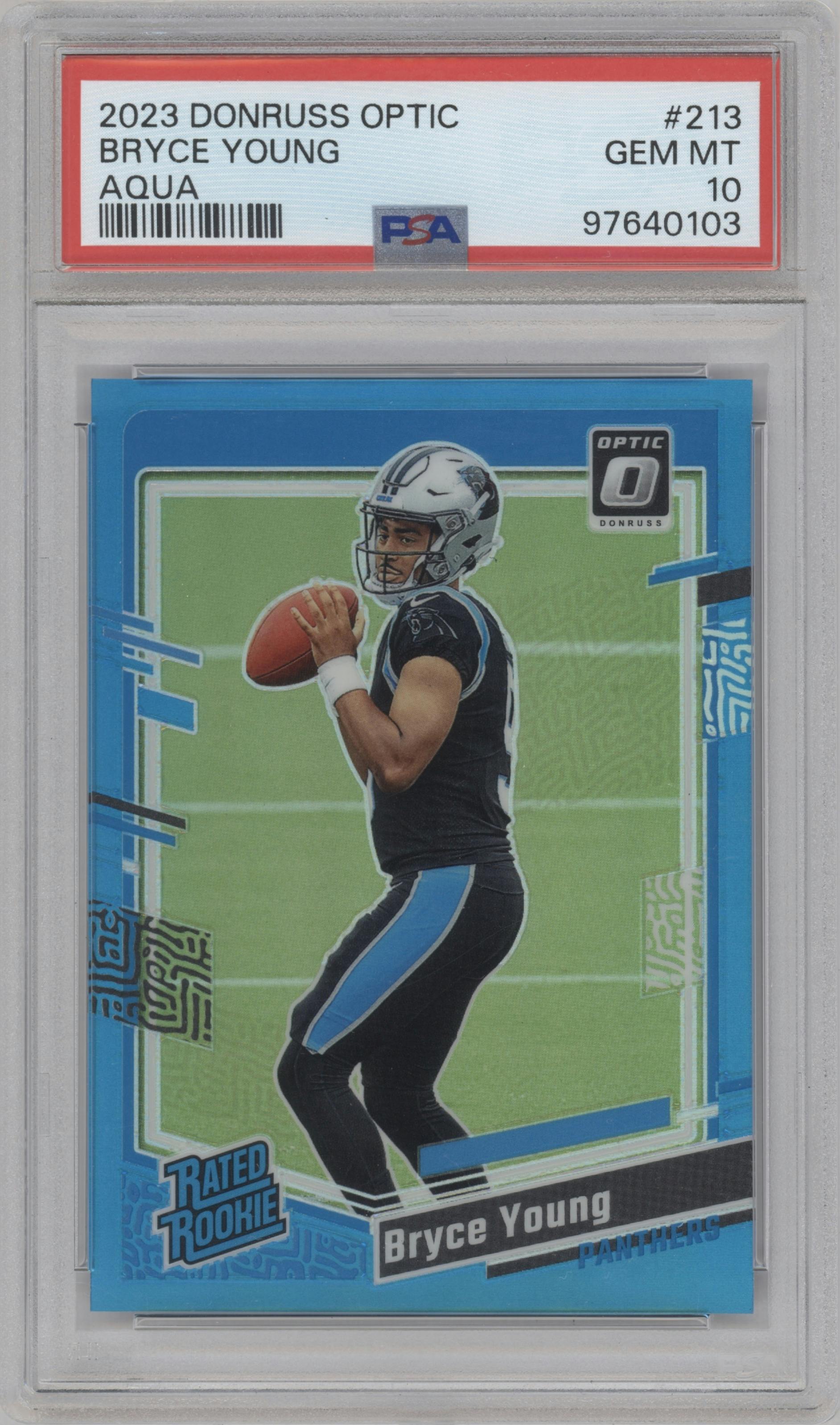 Bryce Young from the 2023 Donruss Optic set featuring a Aqua parallel graded by PSA and given an overall grade of 10.