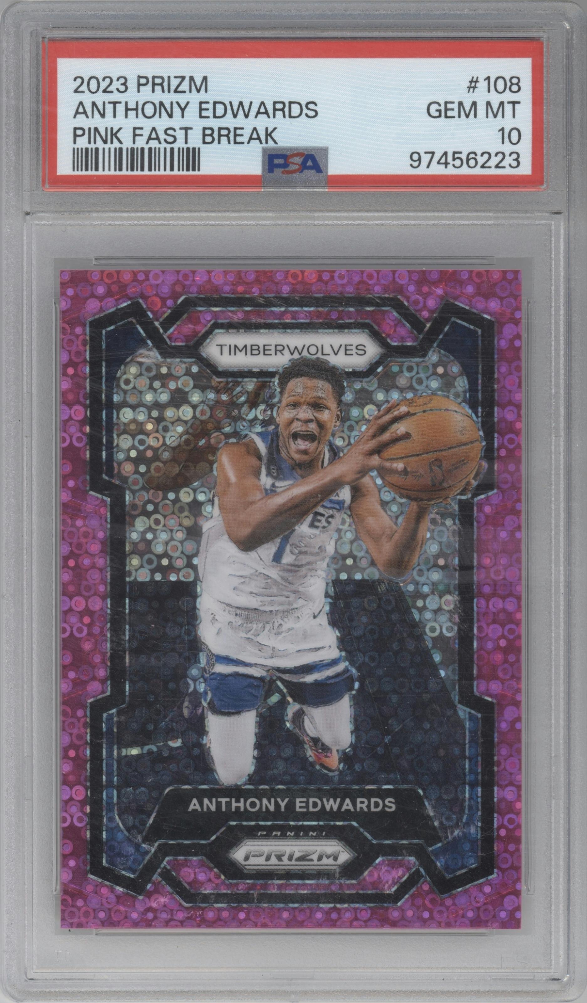 Anthony Edwards from the 2023-24 Panini Prizm set featuring a Fast Break Pink parallel graded by PSA and given an overall grade of 10.