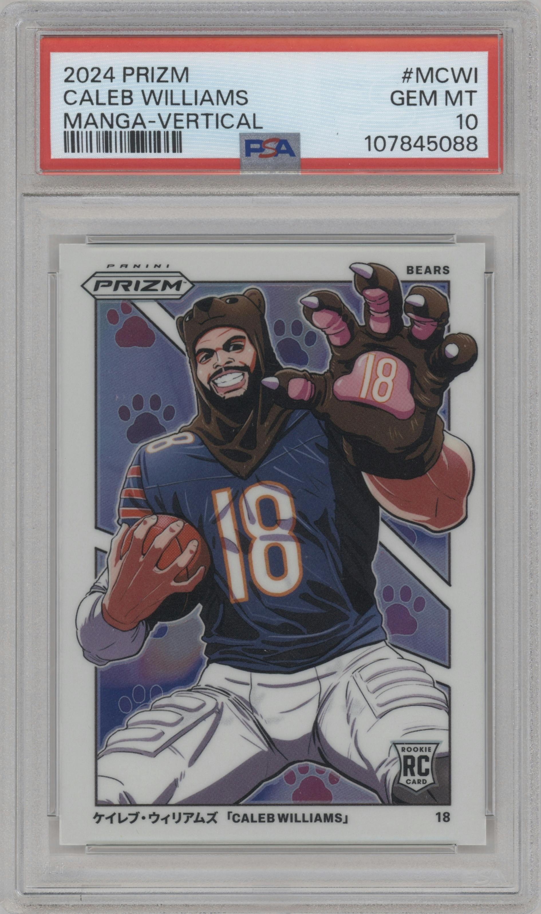 Caleb Williams from the 2024 Panini Prizm set graded by PSA and given an overall grade of 10.