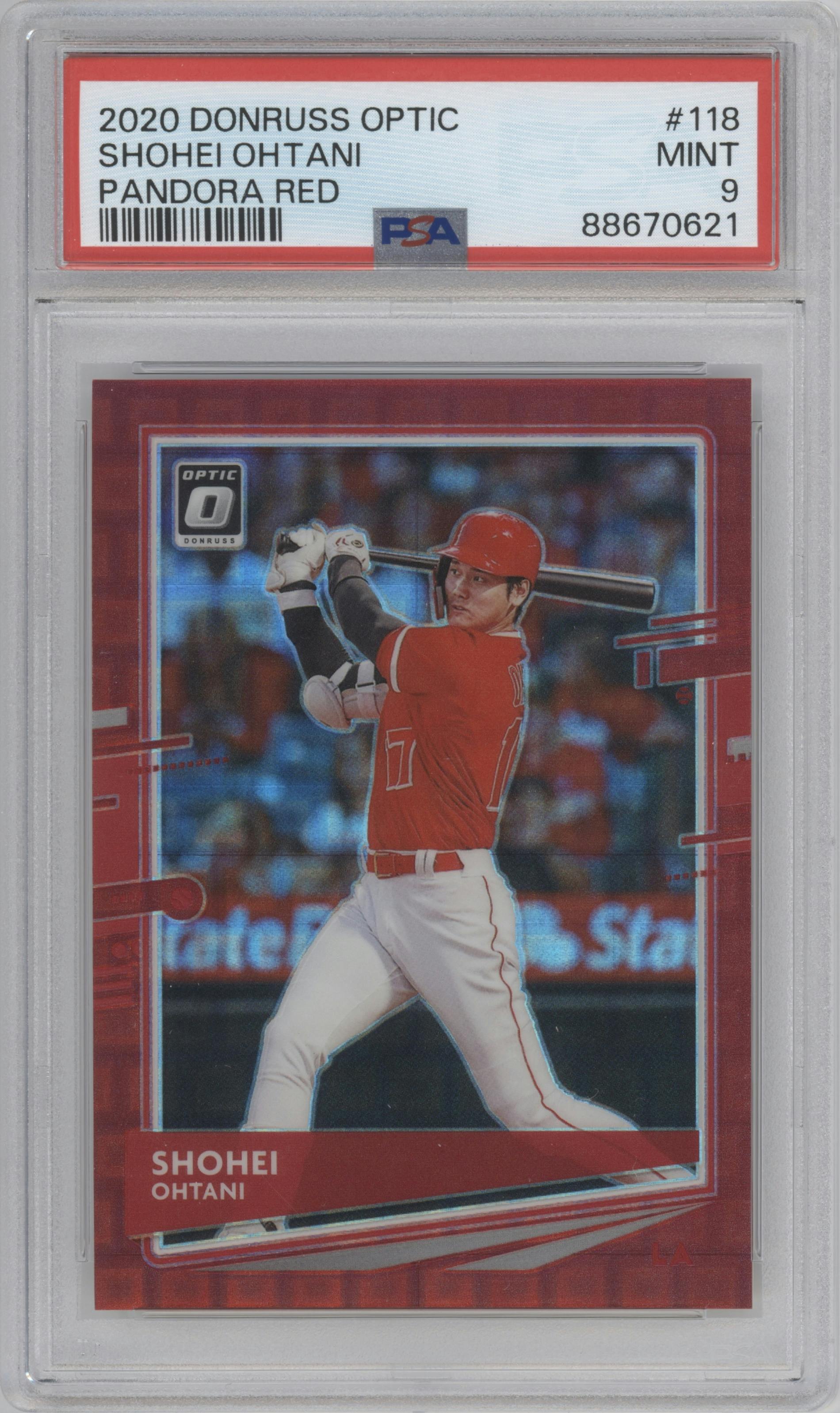 Shohei Ohtani from the 2020 Panini Donruss Optic set featuring a FOTL Pandora Red parallel graded by PSA and given an overall grade of 9.