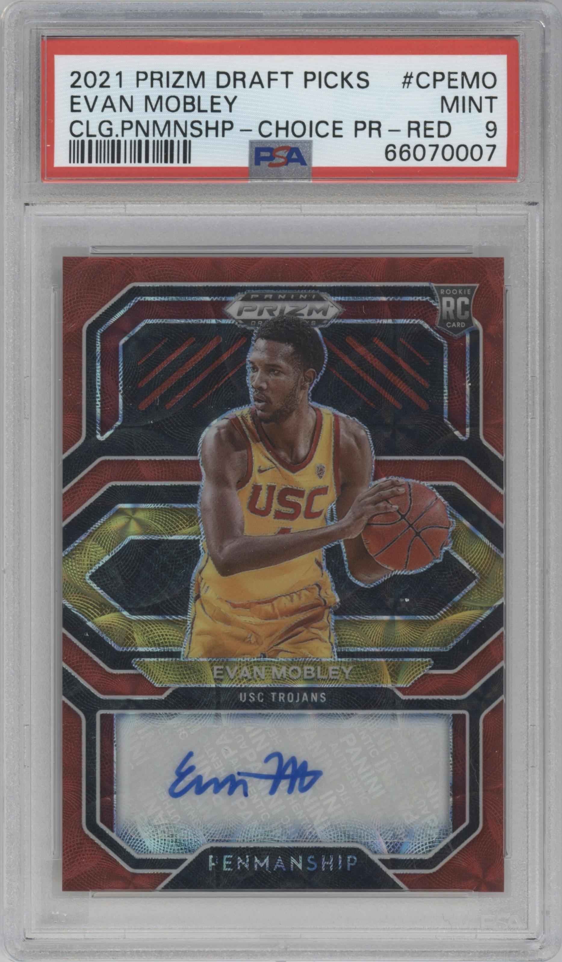 Evan Mobley from the 2021-22 Panini Prizm Draft Picks set featuring a Choice Red parallel graded by PSA and given an overall grade of 9.
