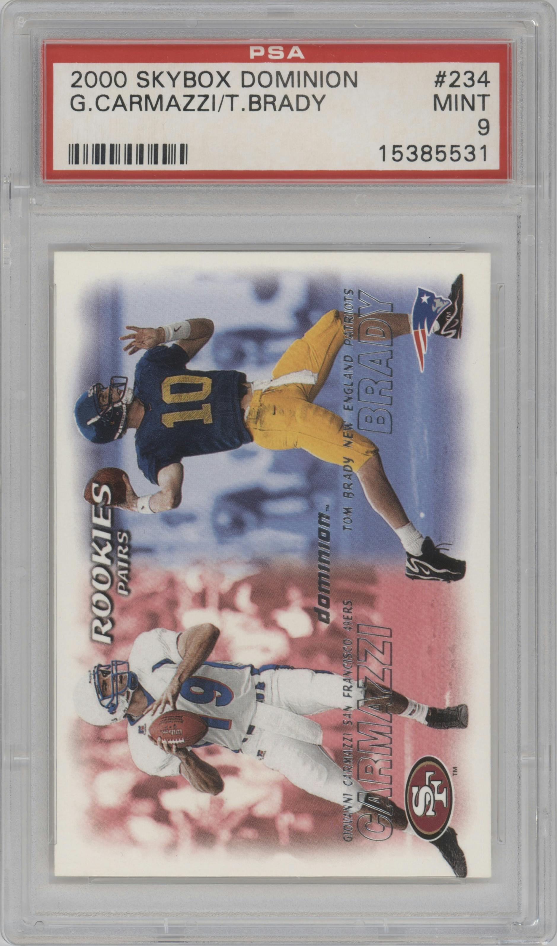 Giovanni Carmazzi/Tom Brady from the 2000 Skybox Dominion set graded by PSA and given an overall grade of 9.