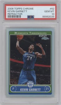 Kevin Garnett from the 2006-07 Topps Chrome set featuring a Refractor parallel graded by PSA and given an overall grade of 10.