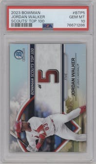 Jordan Walker from the 2023 Bowman  set graded by PSA and given an overall grade of 10.