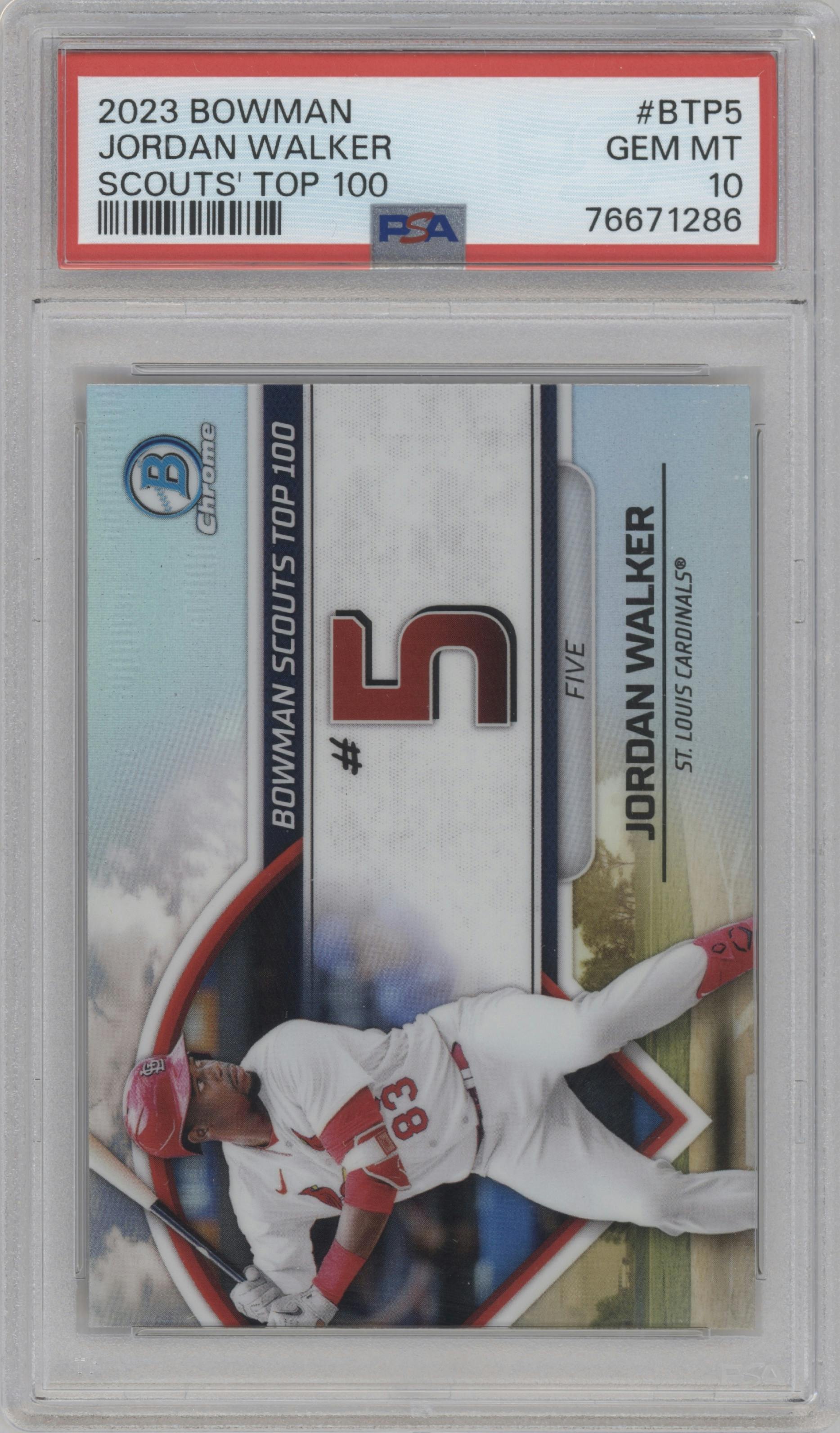 Jordan Walker from the 2023 Bowman  set graded by PSA and given an overall grade of 10.