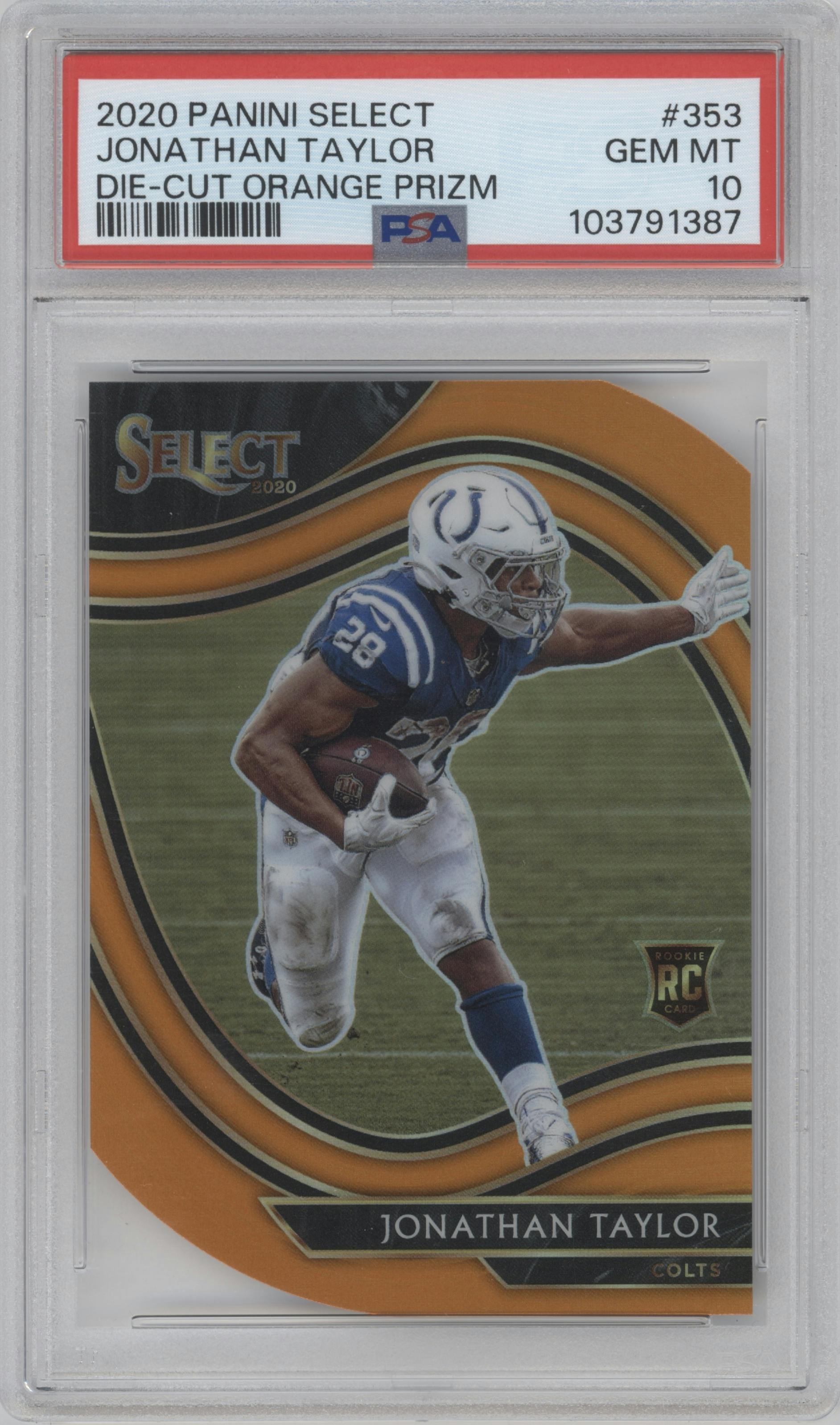 Jonathan Taylor from the 2020 Panini Select set featuring a Die-Cut Orange parallel graded by PSA and given an overall grade of 10.