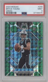 Bryce Young  from the 2023 Panini Mosaic set featuring a Green Mosaic parallel graded by PSA and given an overall grade of 9.