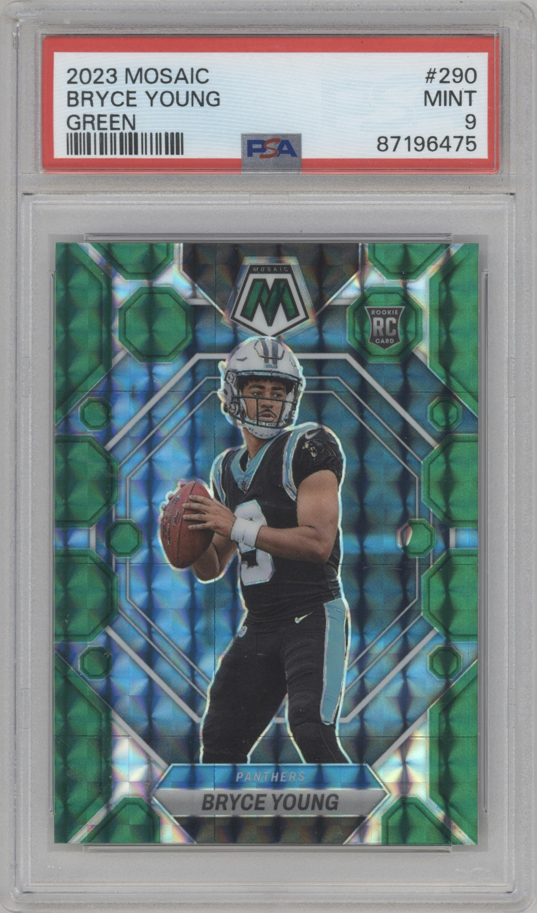 Bryce Young  from the 2023 Panini Mosaic set featuring a Green Mosaic parallel graded by PSA and given an overall grade of 9.