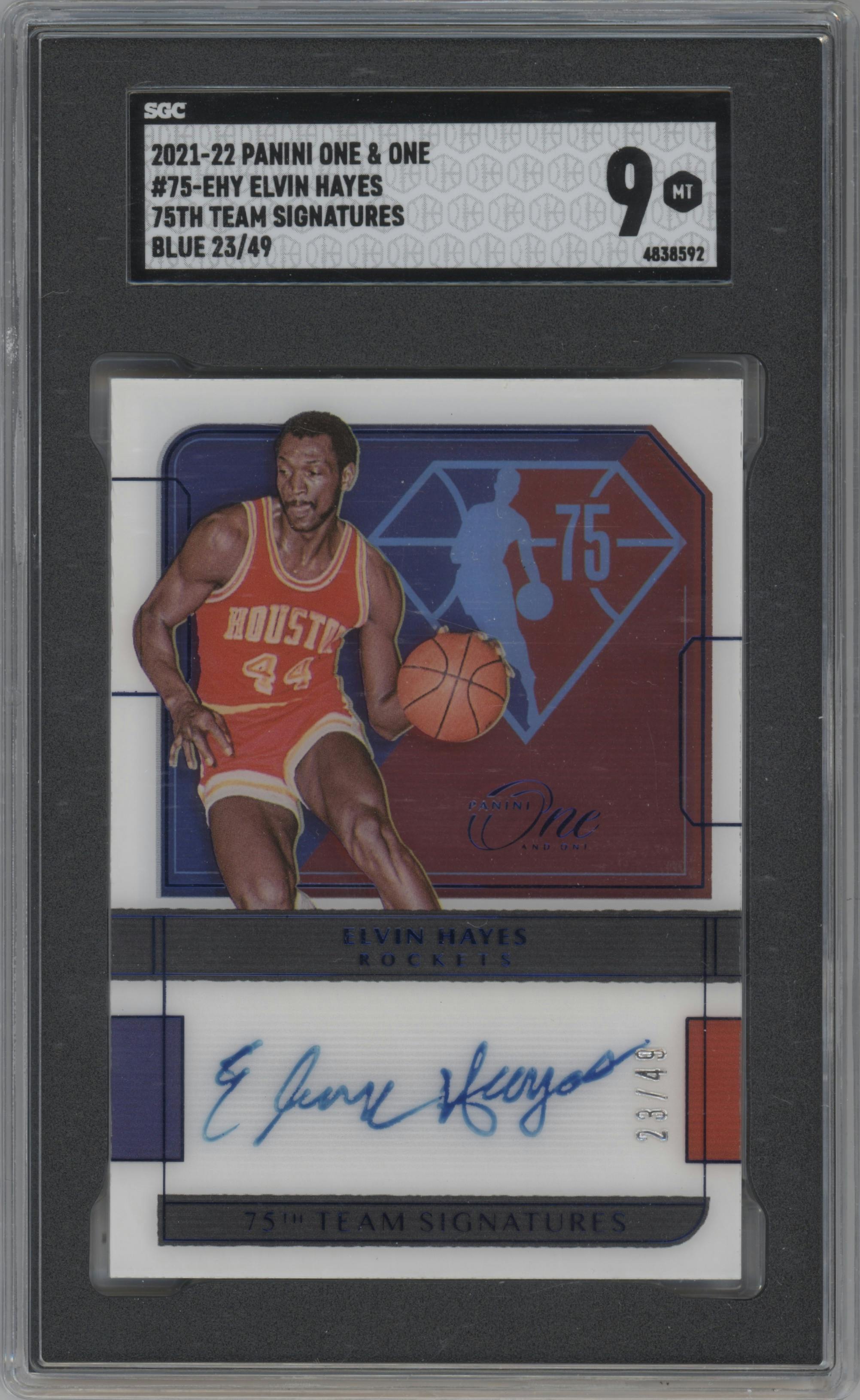 Elvin Hayes from the 2021-22 Panini One and One set featuring a Blue parallel graded by SGC and given an overall grade of 9.