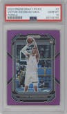 Victor Wembanyama from the 2023-24 Panini Prizm Draft Picks set featuring a Purple Prizm parallel graded by PSA and given an overall grade of 10.
