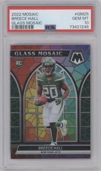 Breece Hall from the 2022 Panini Mosaic set graded by PSA and given an overall grade of 10.