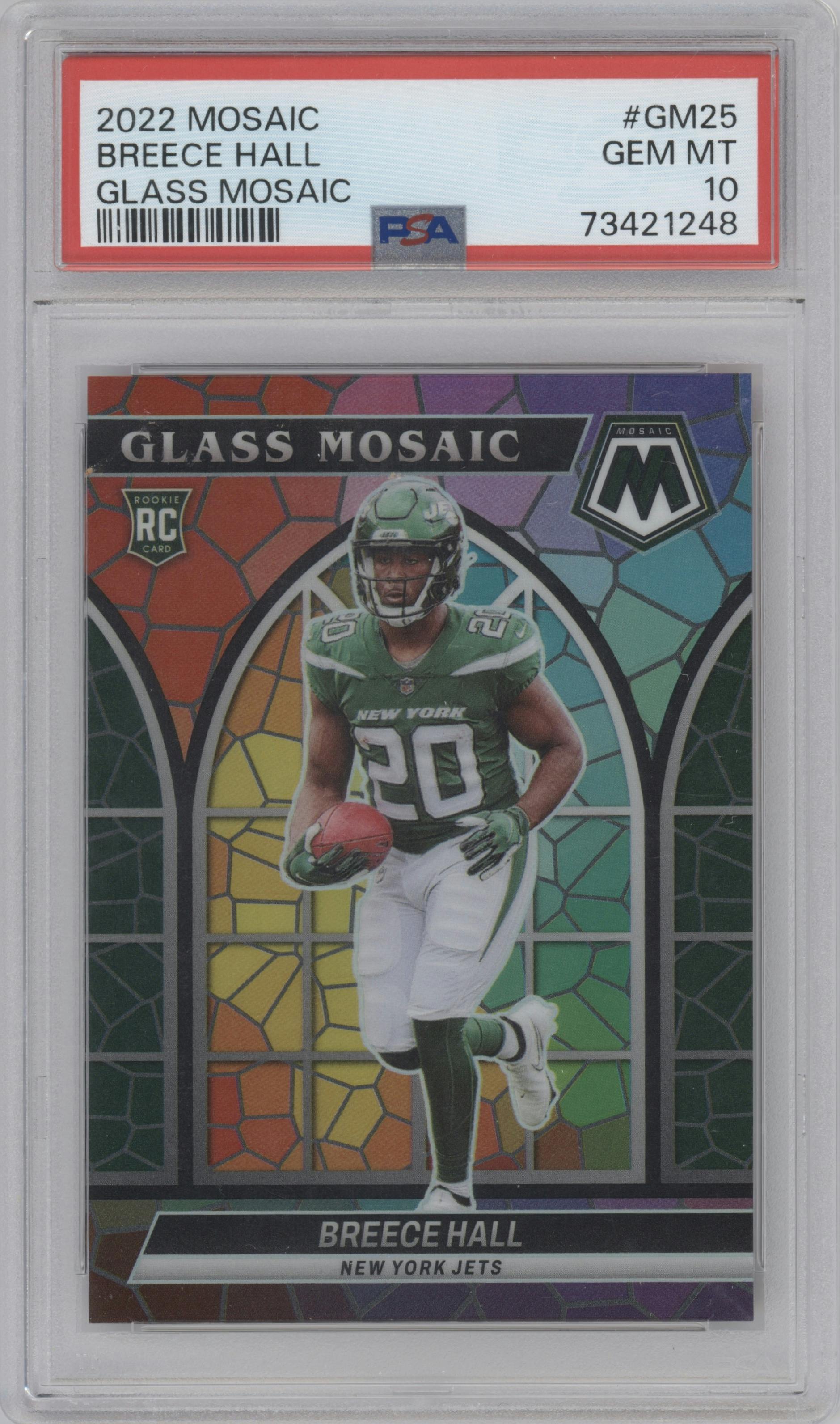 Breece Hall from the 2022 Panini Mosaic set graded by PSA and given an overall grade of 10.