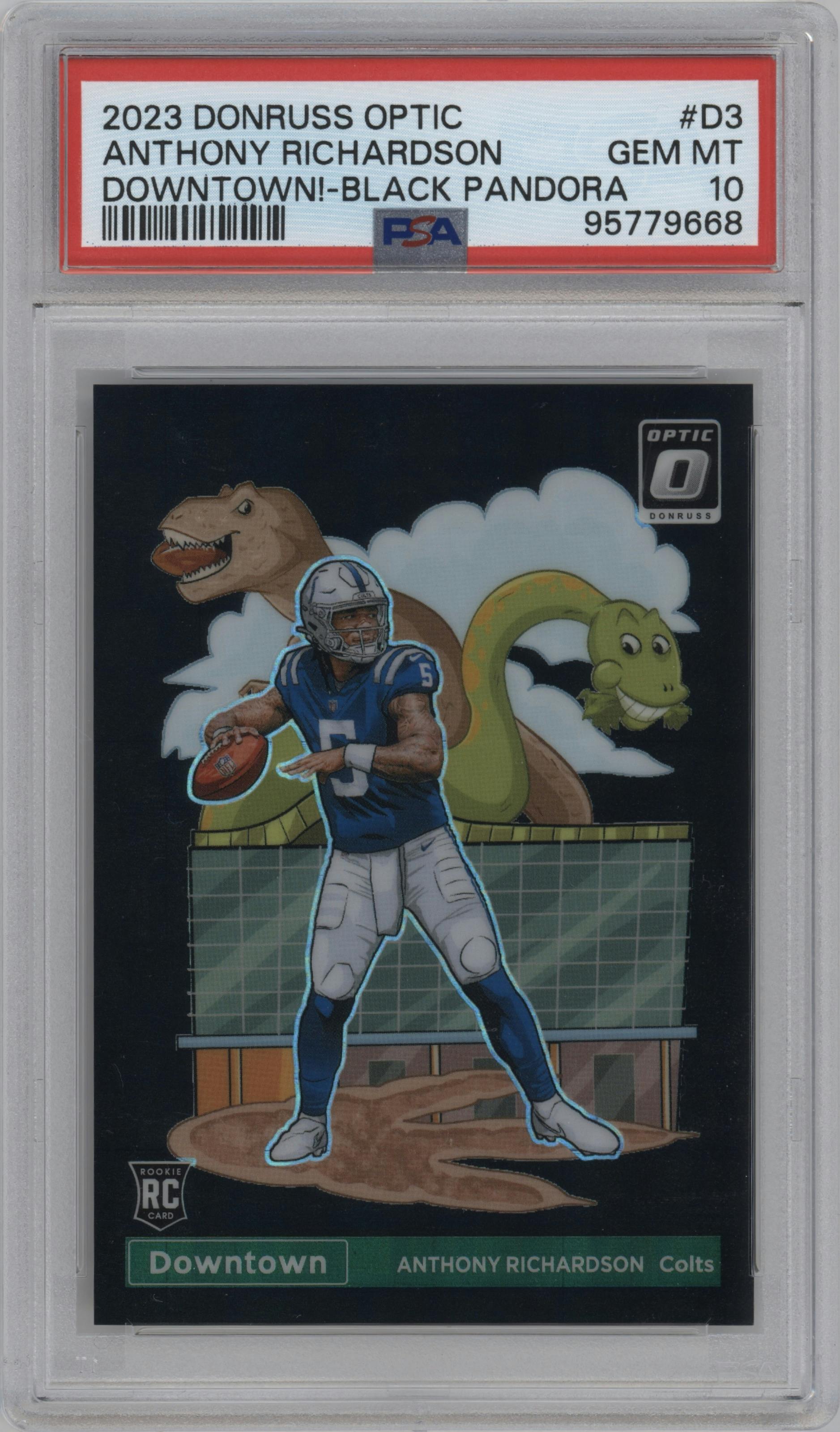Anthony Richardson from the 2023 Donruss Optic set featuring a Black Pandora parallel graded by PSA and given an overall grade of 10.