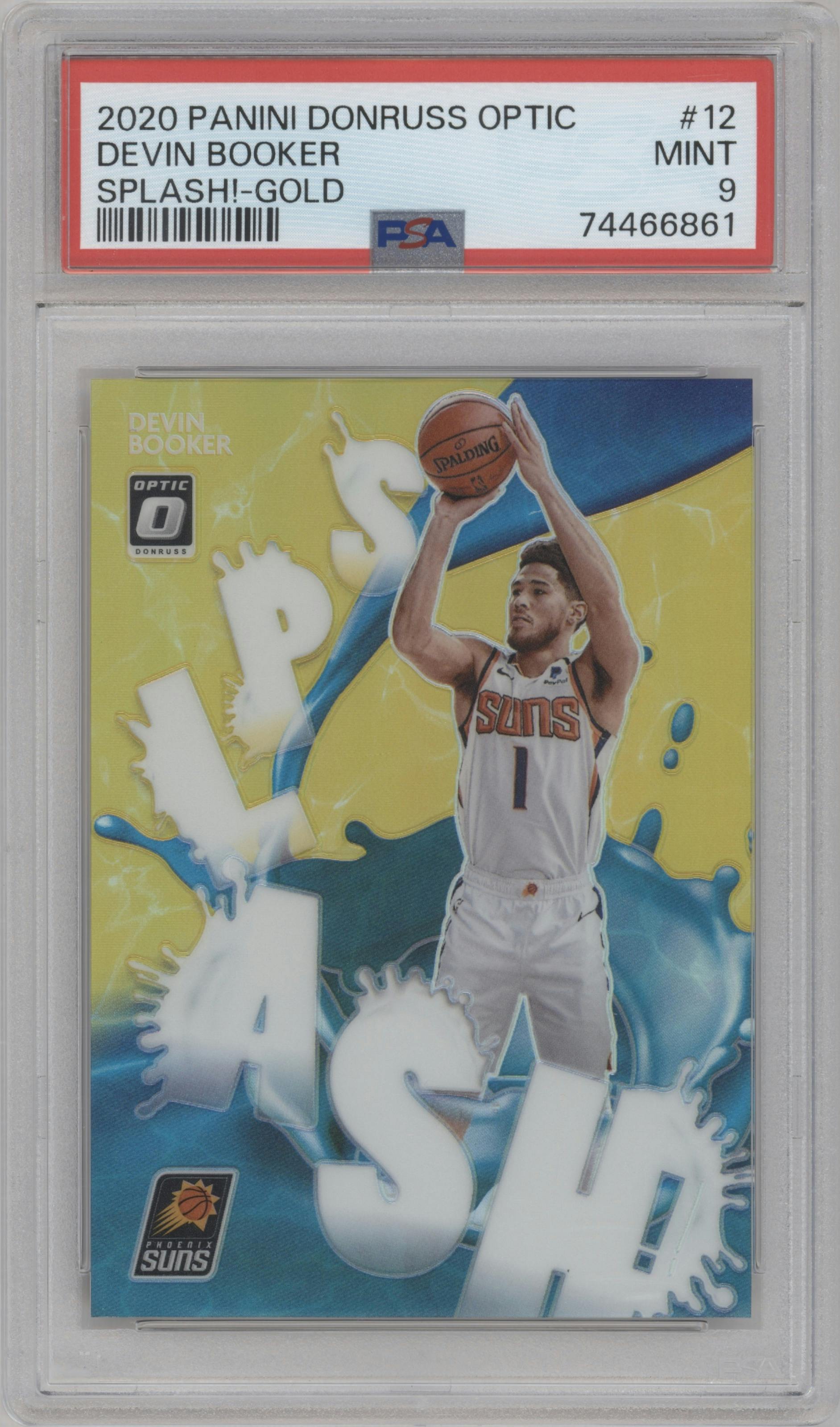 Devin Booker from the 2020-21 Panini Donruss Optic set featuring a Gold parallel graded by PSA and given an overall grade of 9.