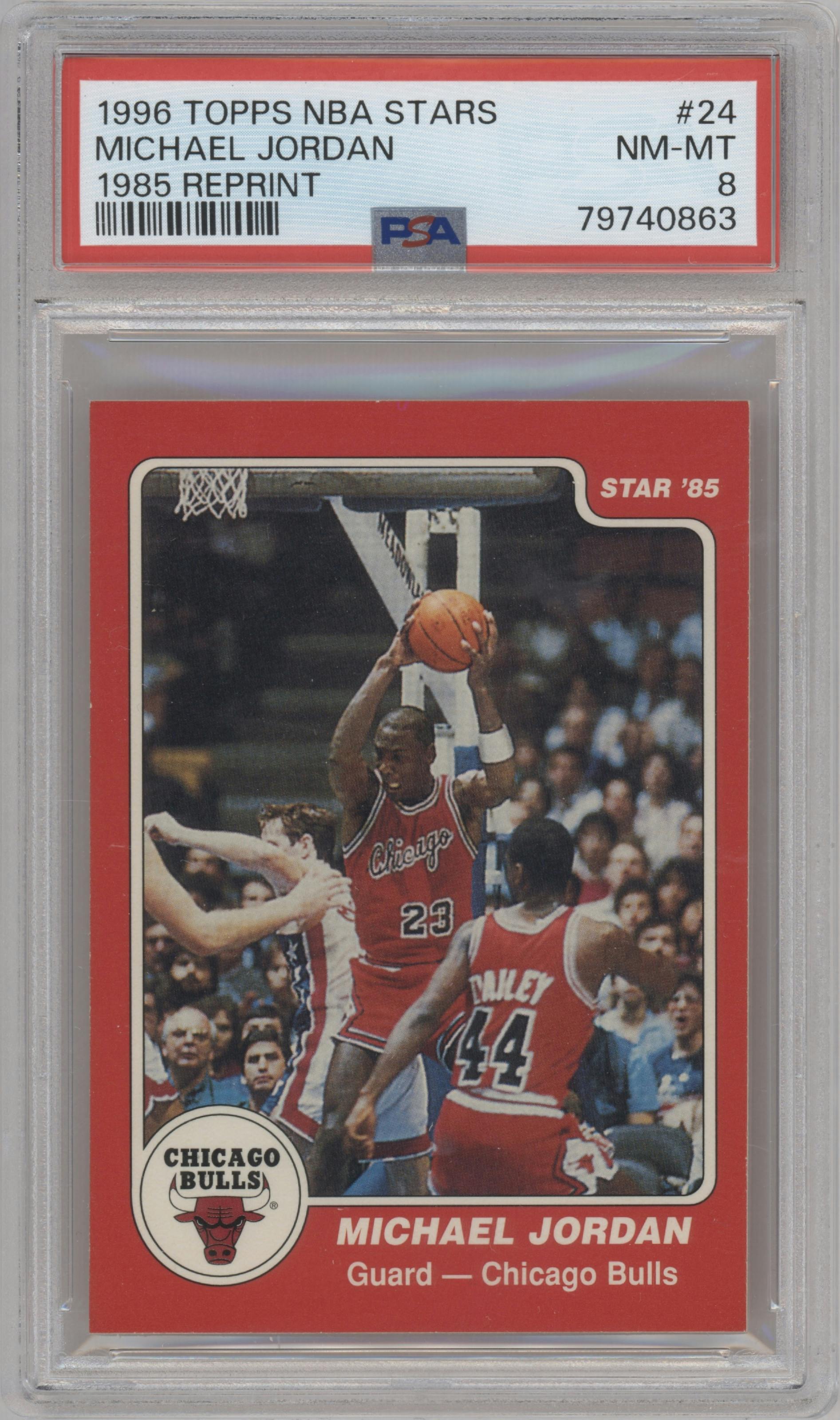 Michael Jordan from the 1996-97 Topps Stars set graded by PSA and given an overall grade of 8.