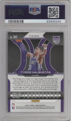 Tyrese Haliburton from the 2020-21 Panini Prizm set featuring a Fast Break Neon Green parallel graded by PSA and given an overall grade of 10.