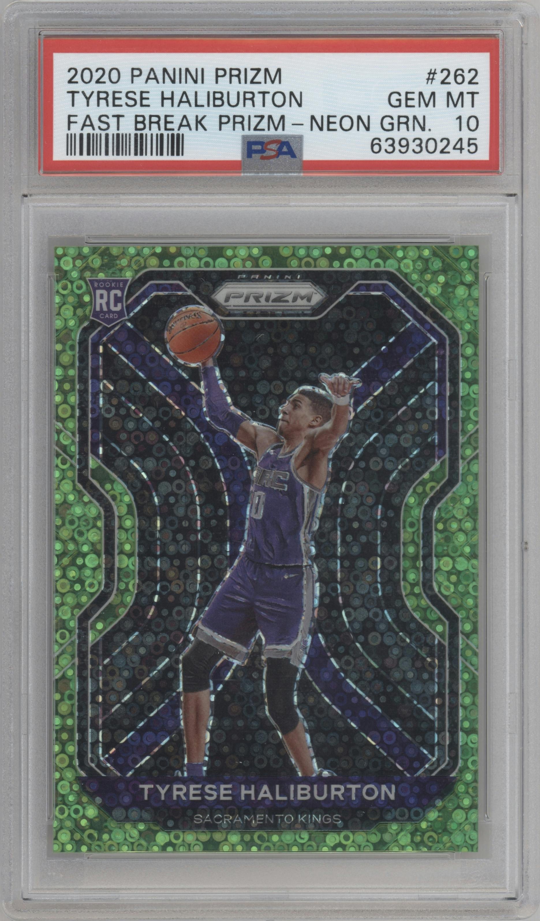Tyrese Haliburton from the 2020-21 Panini Prizm set featuring a Fast Break Neon Green parallel graded by PSA and given an overall grade of 10.