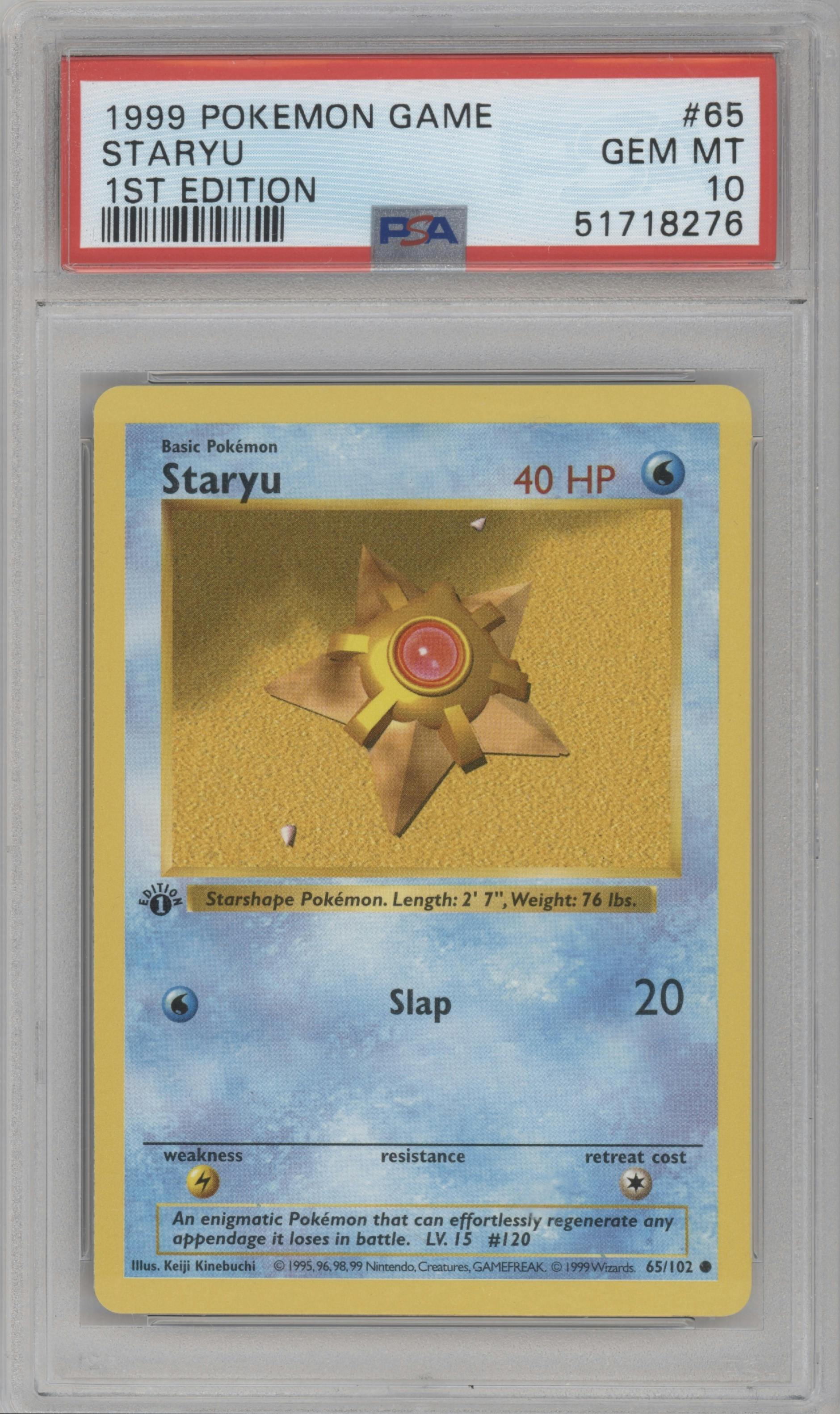 Staryu from the 1999 Pokemon set graded by PSA and given an overall grade of 10.