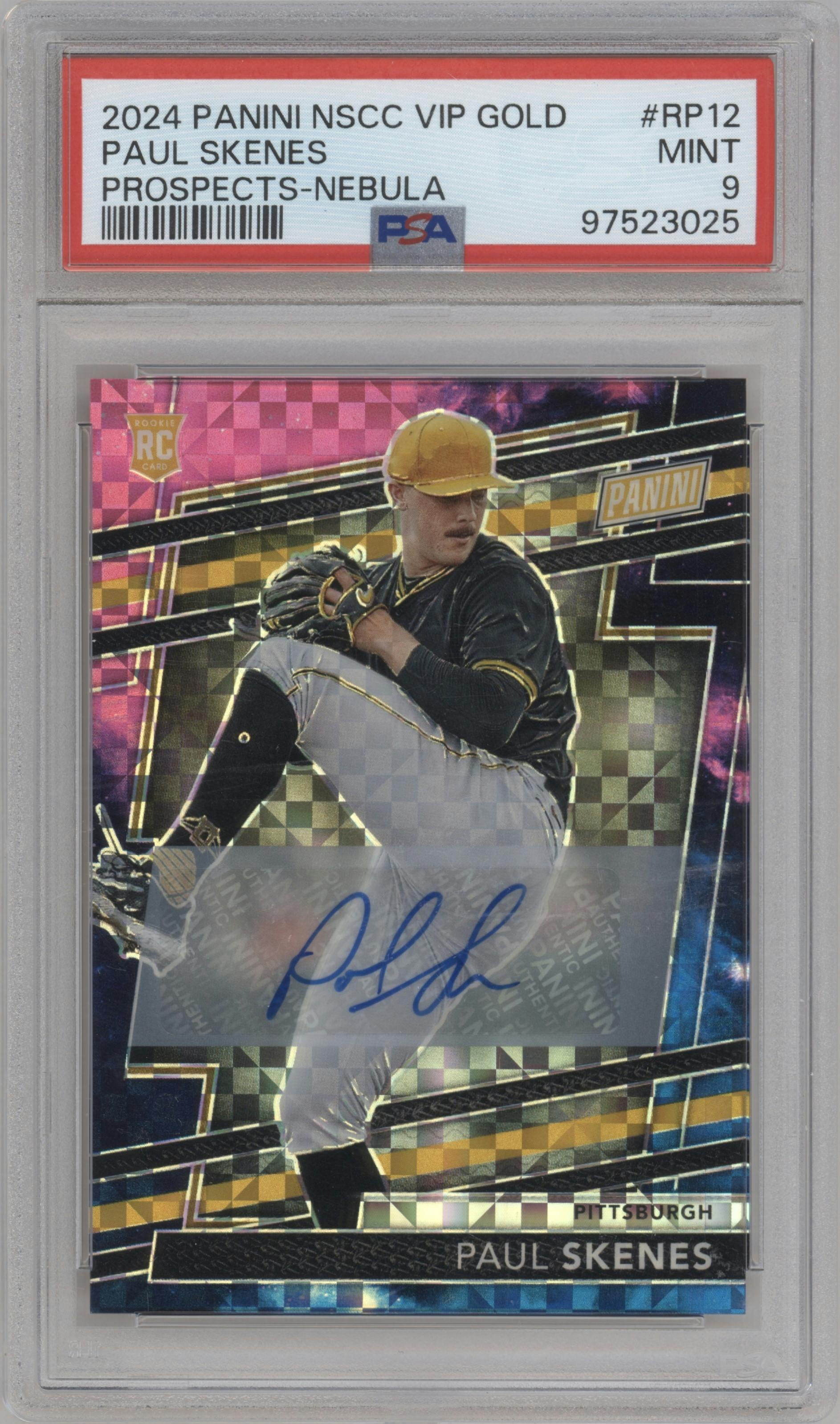 Paul Skenes from the 2024 Panini The National VIP set featuring a Nebula parallel graded by PSA and given an overall grade of 9.
