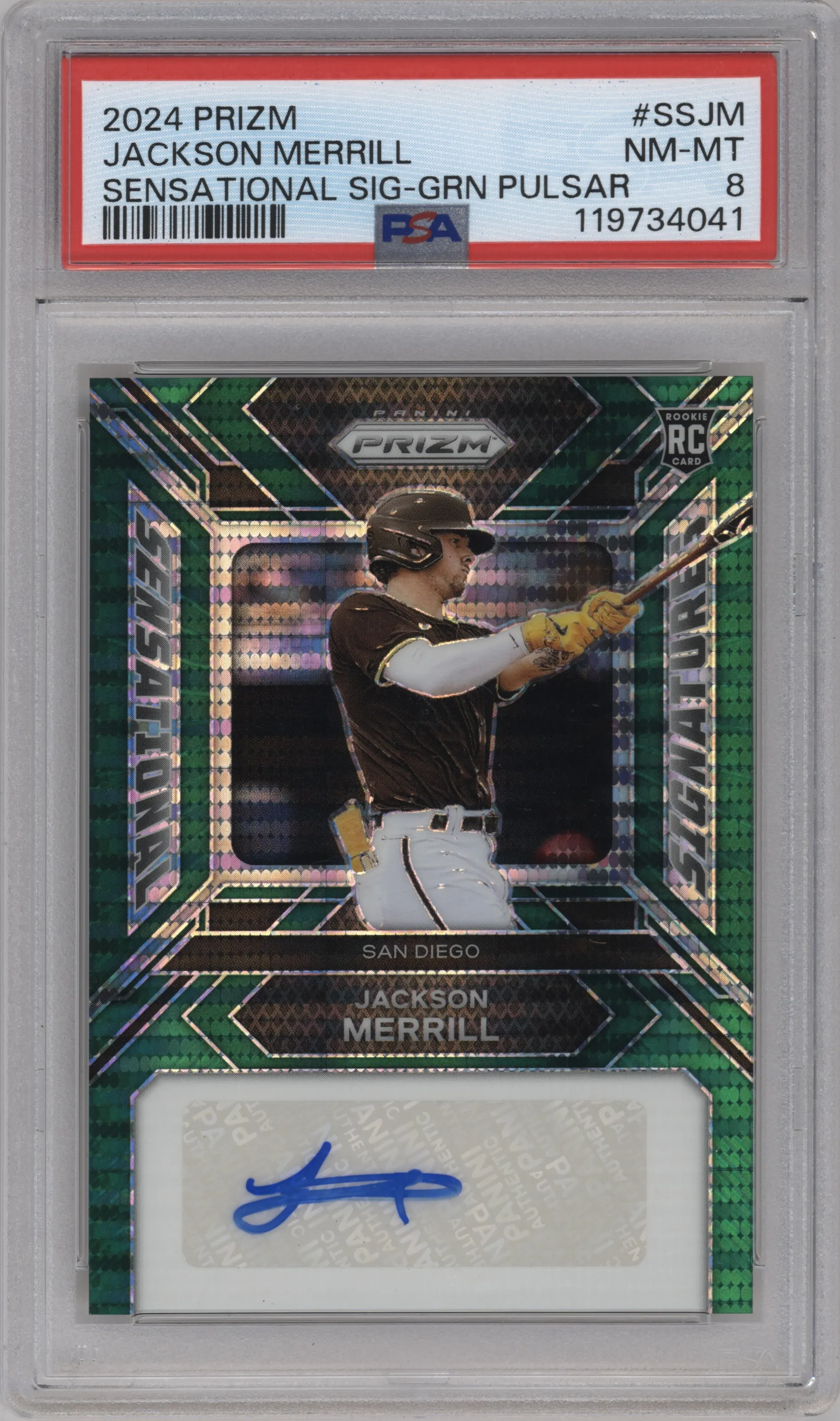 2024 Panini Prizm Sensational Sig. Jackson Merrill Green Pulsar Prizms PSA 8