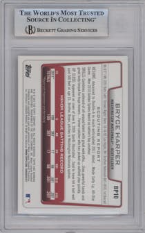 Bryce Harper from the 2012 Bowman set featuring a Purple Retail parallel graded by Beckett and given an overall grade of 9.