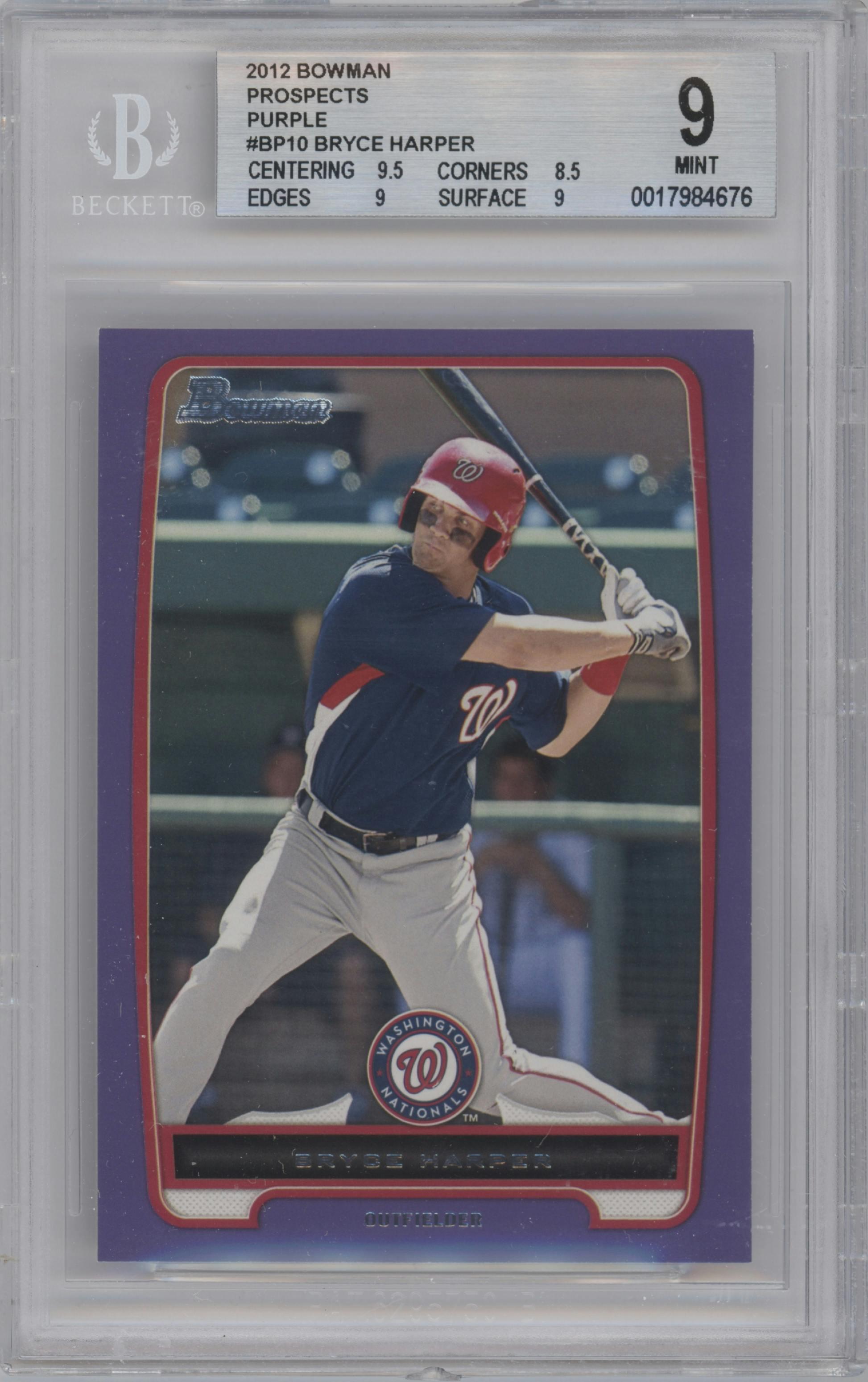Bryce Harper from the 2012 Bowman set featuring a Purple Retail parallel graded by Beckett and given an overall grade of 9.