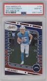 Ladd McConkey from the 2024 Panini Absolute set featuring a Red/Blue parallel graded by PSA and given an overall grade of 10.