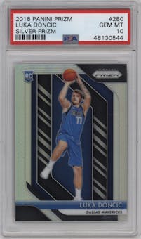 Luka Doncic from the 2018-19 Panini Prizm set featuring a Silver Prizm parallel graded by PSA and given an overall grade of 10.