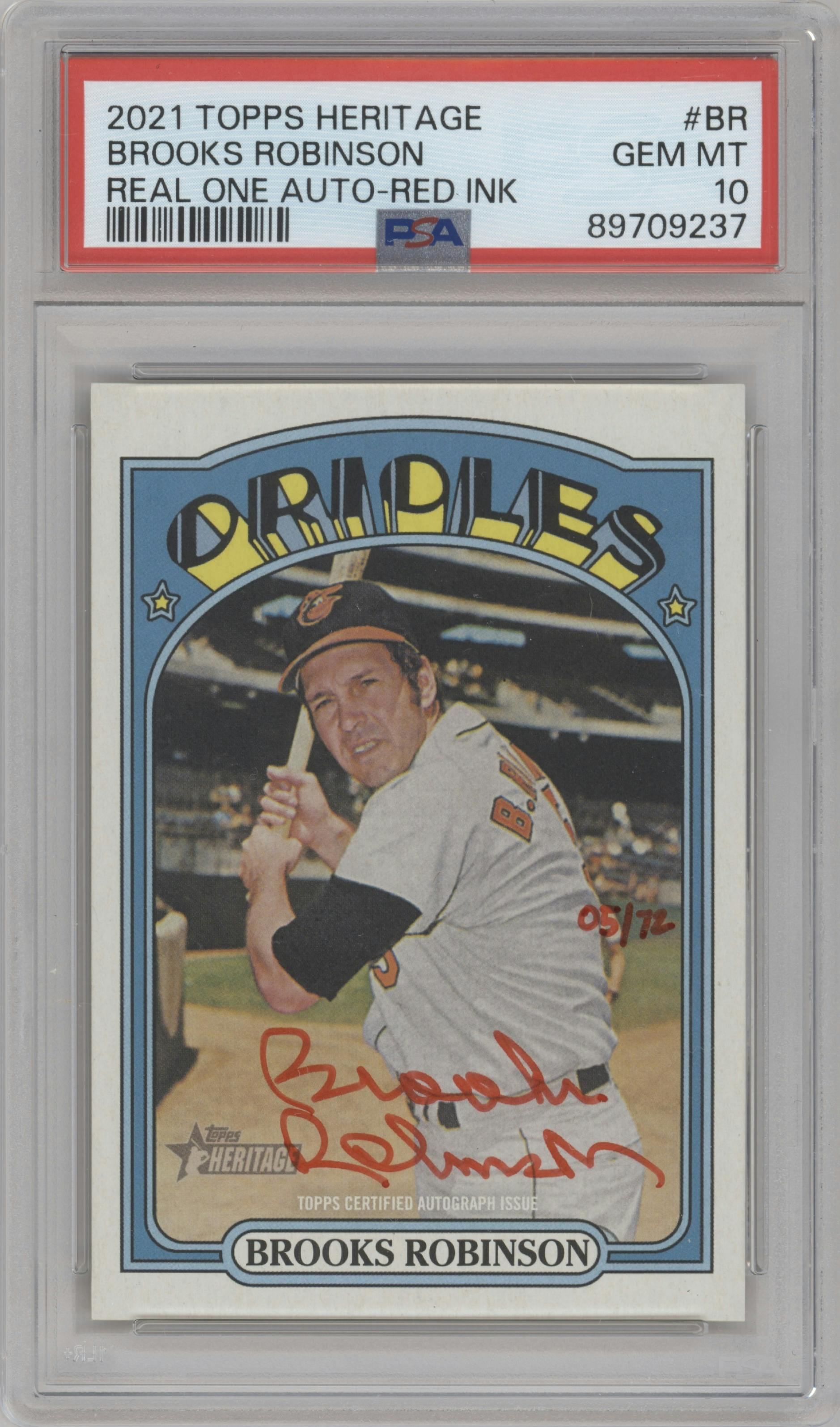 Brooks Robinson from the 2021 Topps Heritage High Number set featuring a Special Edition Red Ink parallel graded by PSA and given an overall grade of 10.