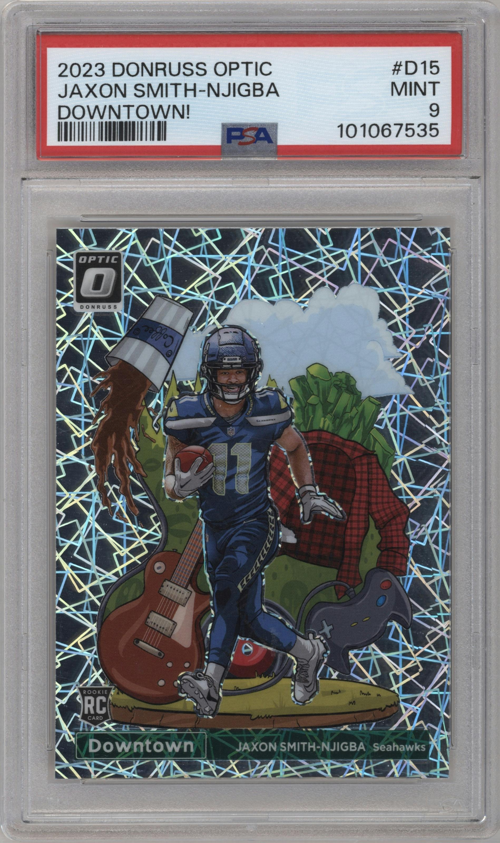 Jaxon Smith-Njigba from the 2023 Donruss Optic set graded by PSA and given an overall grade of 9.