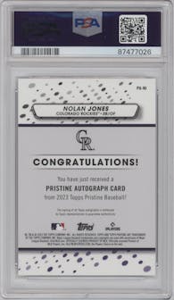 Nolan Jones from the 2023 Topps Pristine set graded by PSA and given an overall grade of 10.