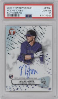 Nolan Jones from the 2023 Topps Pristine set graded by PSA and given an overall grade of 10.