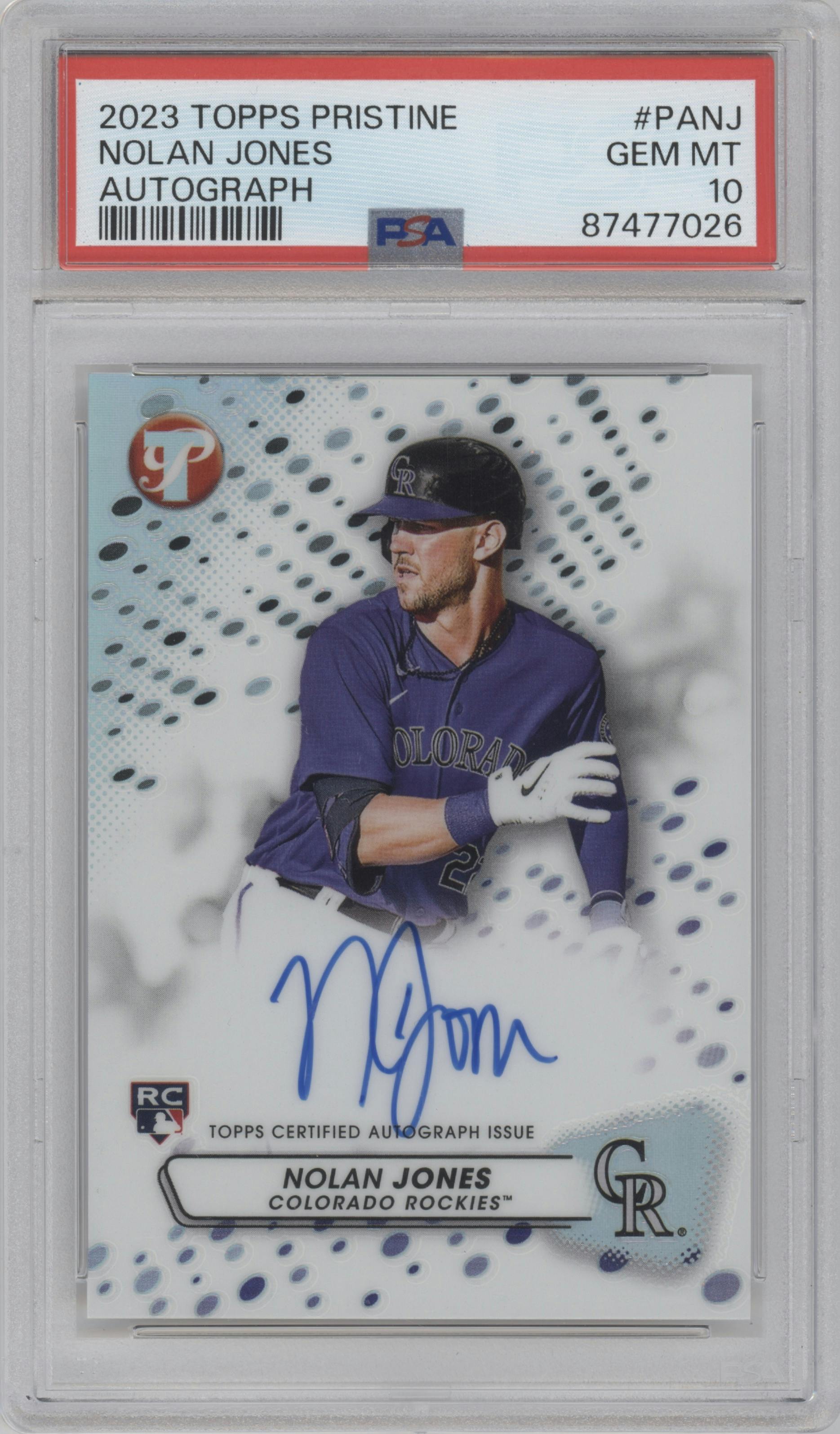 Nolan Jones from the 2023 Topps Pristine set graded by PSA and given an overall grade of 10.