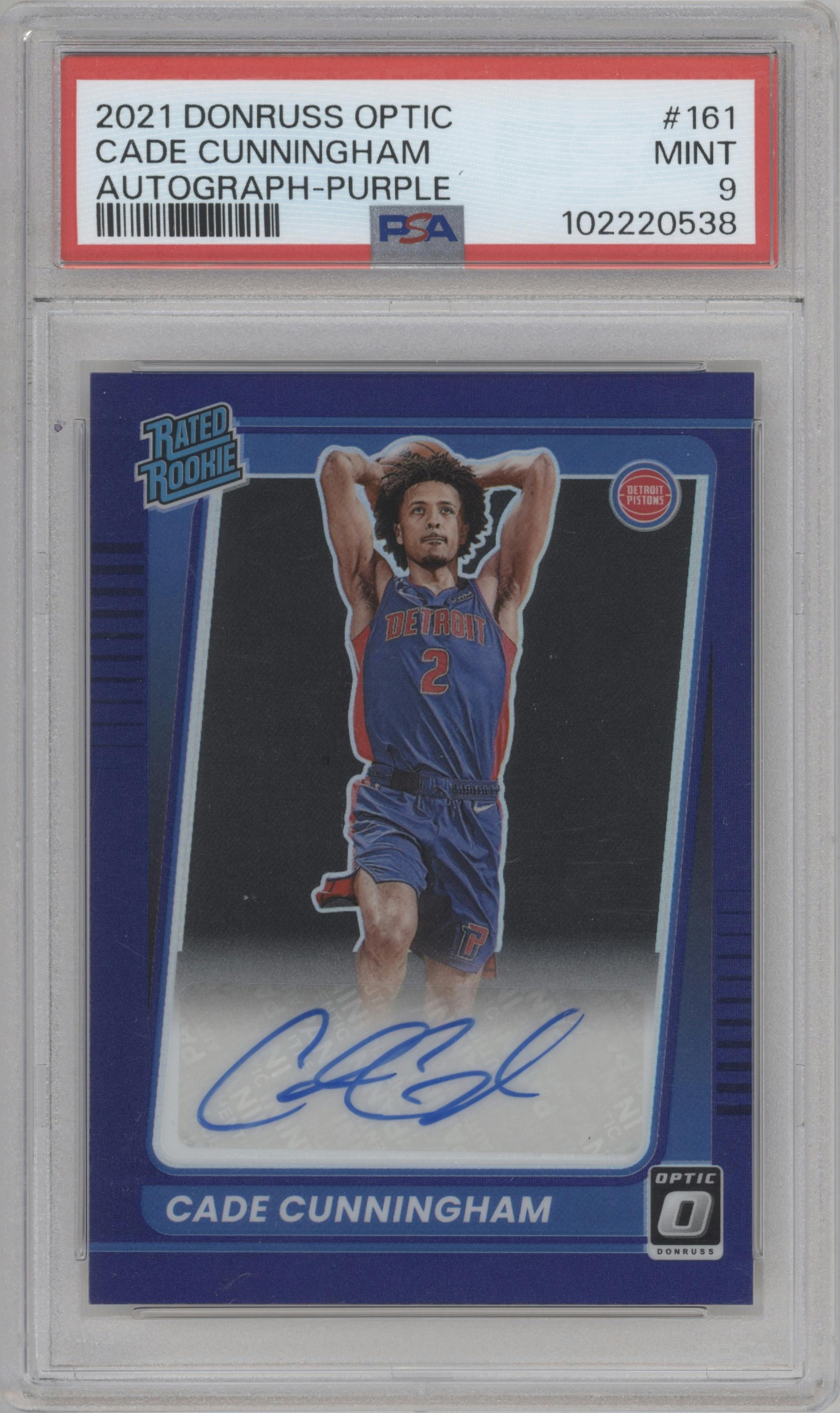 Cade Cunningham from the 2021-22 Panini Donruss Optic set featuring a Purple parallel graded by PSA and given an overall grade of 9.