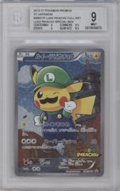 Luigi Pikachu from the 2013 Pokemon XY JPN set featuring a Luigi Pikachu Boxset parallel graded by Beckett and given an overall grade of 9.