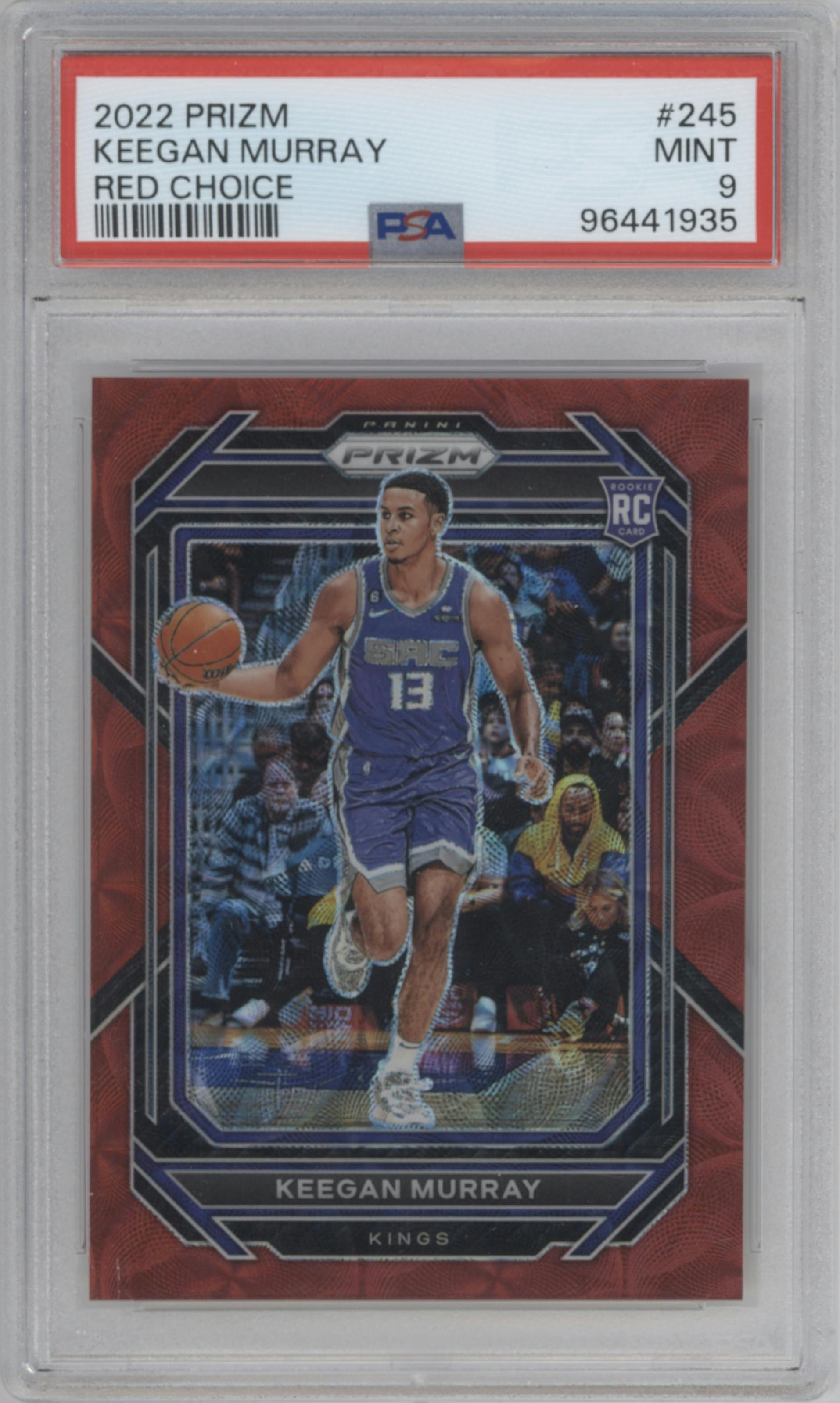 Keegan Murray from the 2022-23 Panini Prizm  set featuring a Red Choice parallel graded by PSA and given an overall grade of 9.