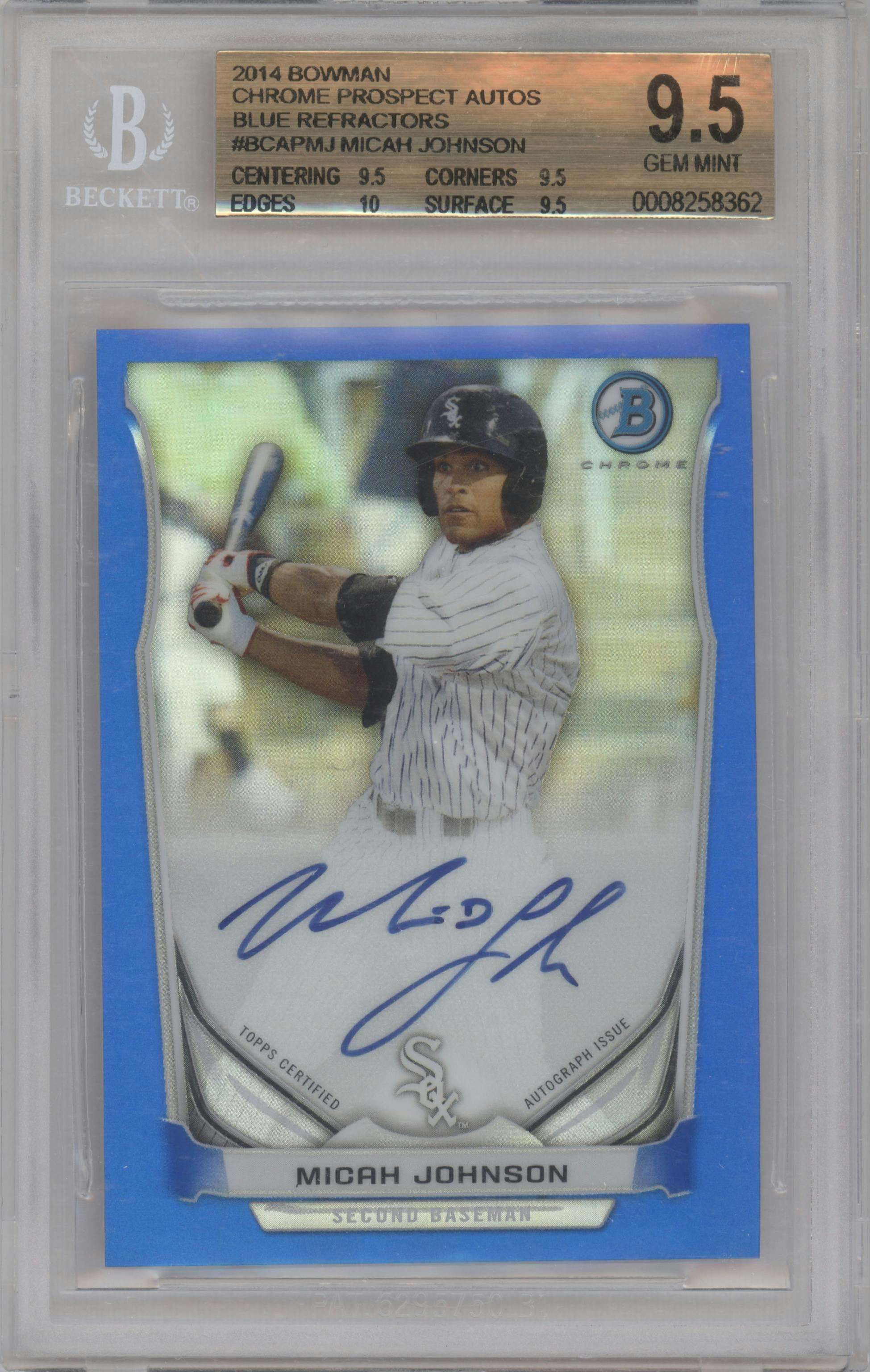 Micah Johnson from the 2014 Bowman set featuring a Blue Refractor parallel graded by Beckett and given an overall grade of 9.5.