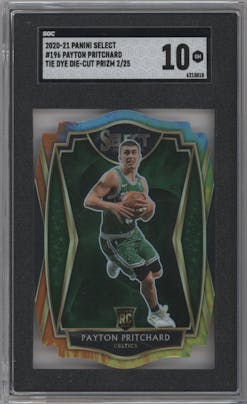 Payton Pritchard from the 2020-21 Panini Select  set featuring a Die-Cut Tie-Dye parallel graded by SGC and given an overall grade of 10.