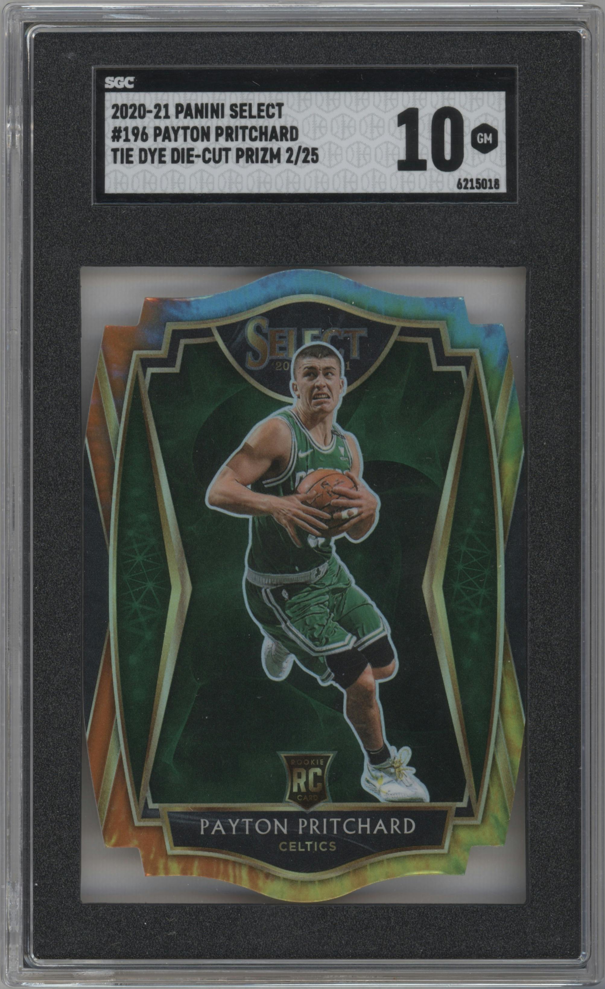 Payton Pritchard from the 2020-21 Panini Select  set featuring a Die-Cut Tie-Dye parallel graded by SGC and given an overall grade of 10.