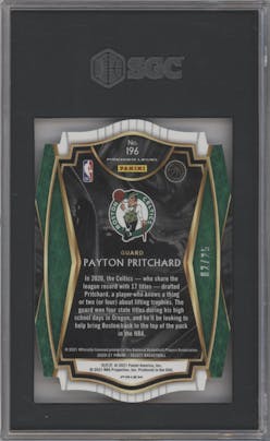 Payton Pritchard from the 2020-21 Panini Select  set featuring a Die-Cut Tie-Dye parallel graded by SGC and given an overall grade of 10.