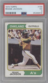 Reggie Jackson from the 1974 Topps set graded by PSA and given an overall grade of 3.