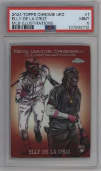 Elly De La Cruz from the 2024 Topps Chrome Update set graded by PSA and given an overall grade of 9.