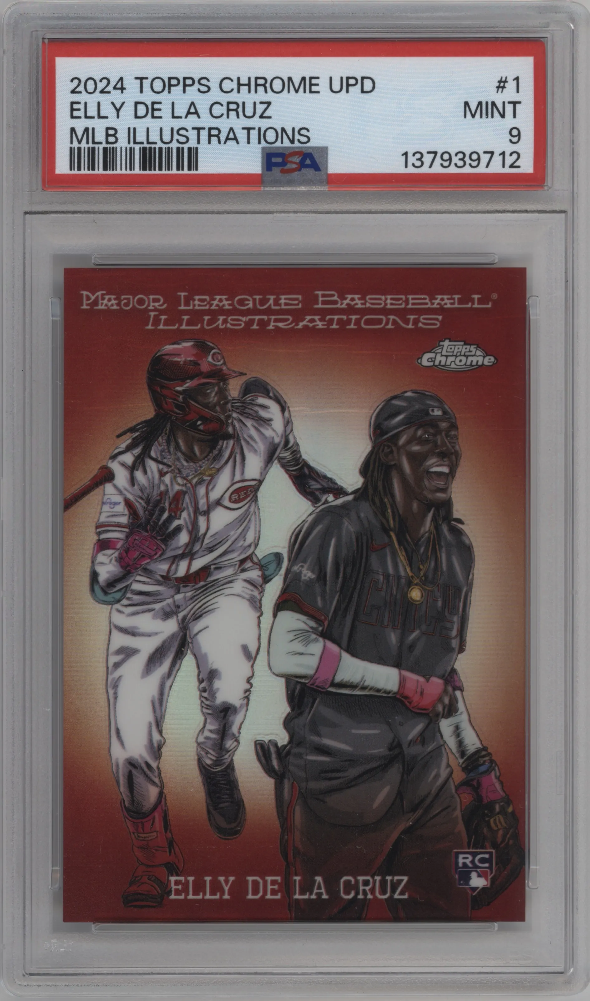 Elly De La Cruz from the 2024 Topps Chrome Update set graded by PSA and given an overall grade of 9.