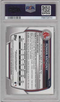 Roman Anthony from the 2023 Bowman  set featuring a Refractor parallel graded by PSA and given an overall grade of 10.