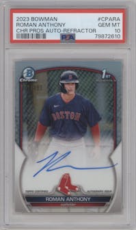 Roman Anthony from the 2023 Bowman  set featuring a Refractor parallel graded by PSA and given an overall grade of 10.