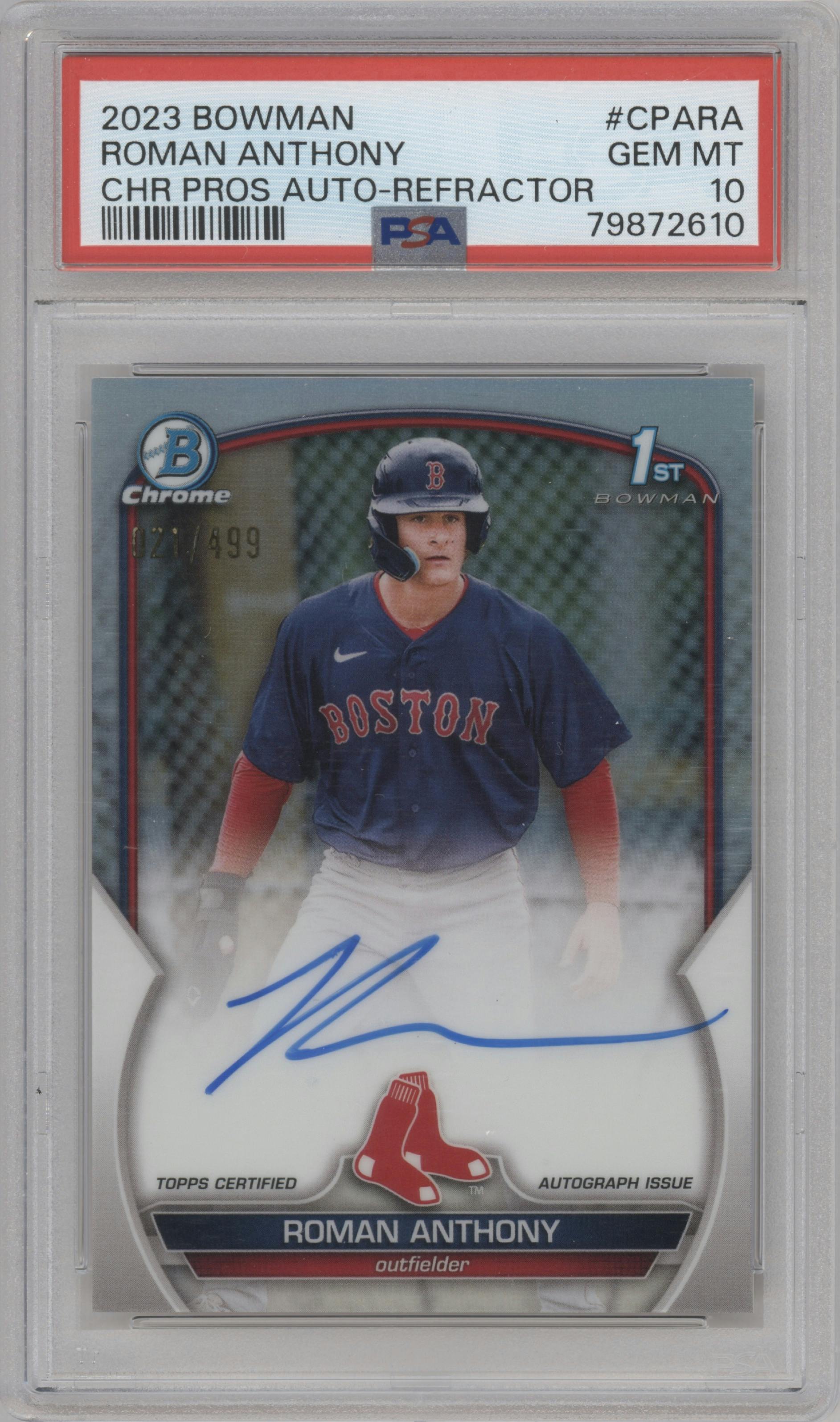 Roman Anthony from the 2023 Bowman  set featuring a Refractor parallel graded by PSA and given an overall grade of 10.