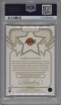 LeBron James from the 2023-24 Panini Flawless set graded by PSA and given an overall grade of 10.