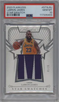 LeBron James from the 2023-24 Panini Flawless set graded by PSA and given an overall grade of 10.