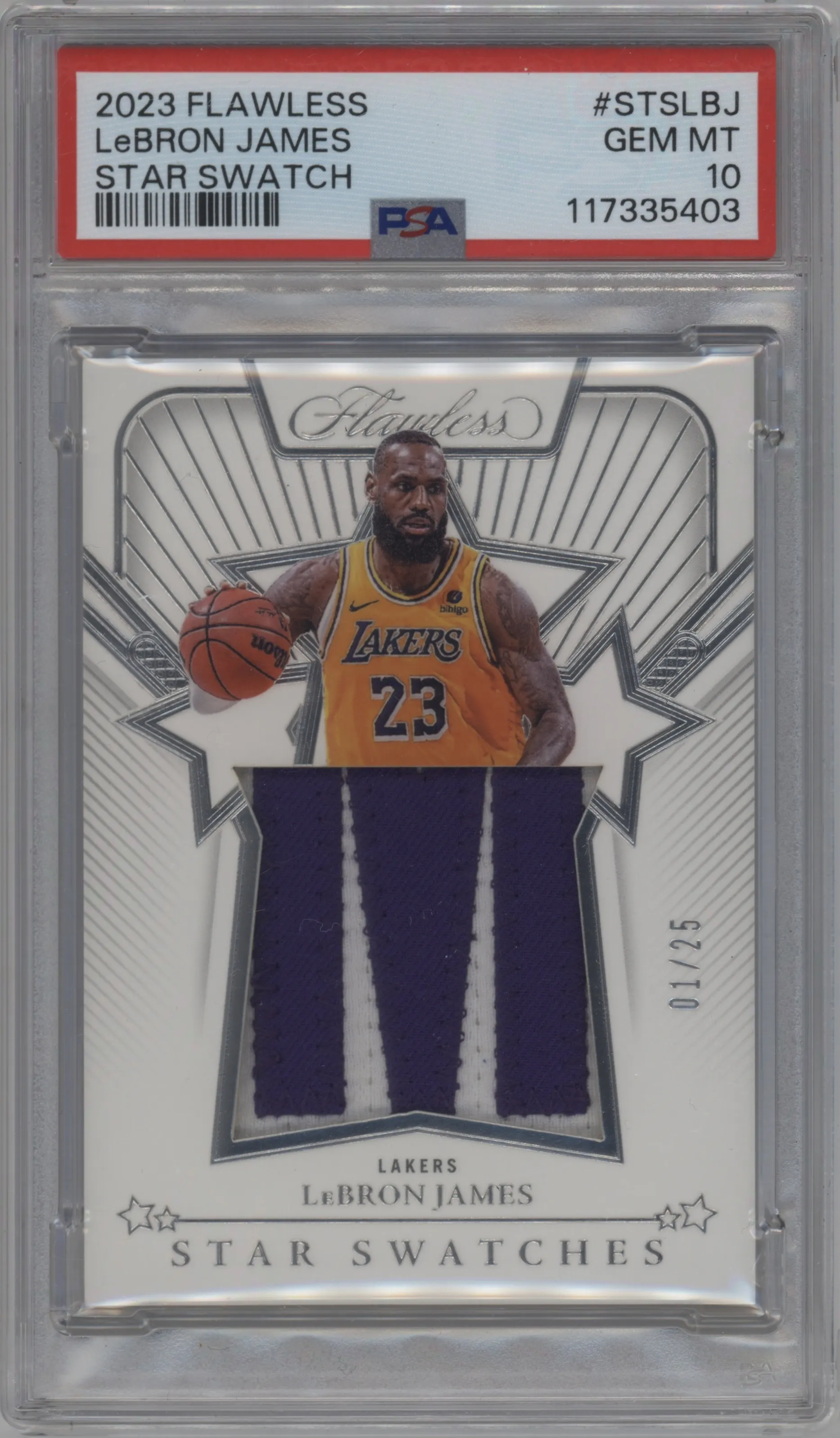 LeBron James from the 2023-24 Panini Flawless set graded by PSA and given an overall grade of 10.