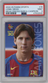 Lionel Messi from the 2004-05 Panini Megacracks Barca Campeon/Campio set graded by PSA and given an overall grade of 9.